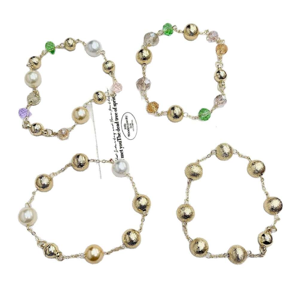 Geometric Smooth Metal Round Bracelet with Beaded Chain, Brushed Bead Bracelet, Gold Color, Light , Niche, High-End Fashion 6c6