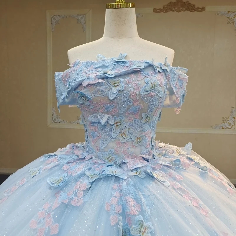 Sky Blue Shiny Quinceanera Dresses Off The Shoulder Beading Bow Tulle Party Birthday Vestidos De 15 Anos Sweet 16 Dress