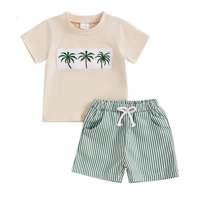 Toddler Baby Boy Summer Outfits Short Sleeve Embroidered T Shirt Tees Striped/Plaid Shorts Infant Clothes Set 250729