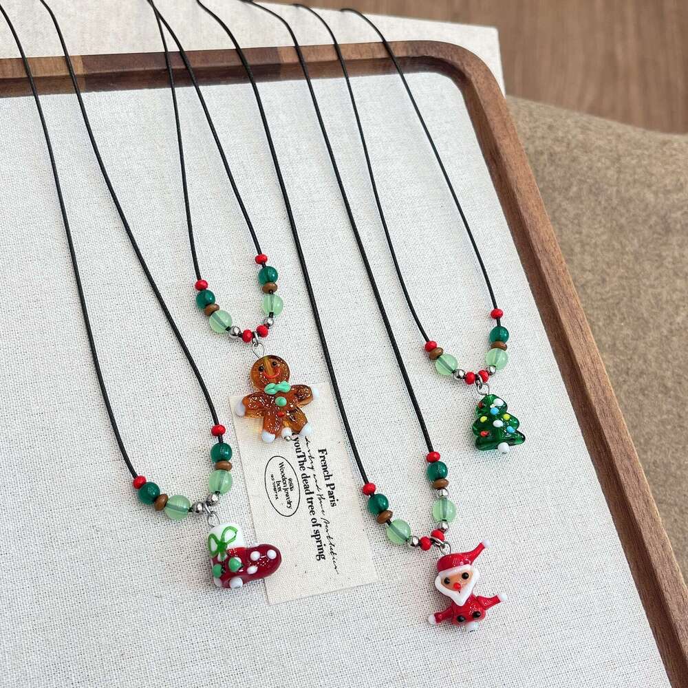 Colorful Beaded Christmas Tree Gingerbread Man Necklace for Women Cartoon Cute Sweet Collarbone Chain Fashionable Personality Sweater Accessory 60b