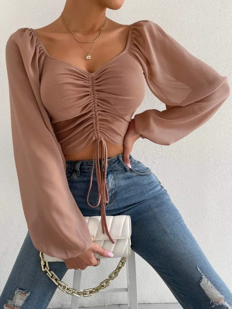 Sexy Women Mesh Lantern Sleeves Drawstring Wrap Chest Bare Midriff TShirt Long Base Layer 250729