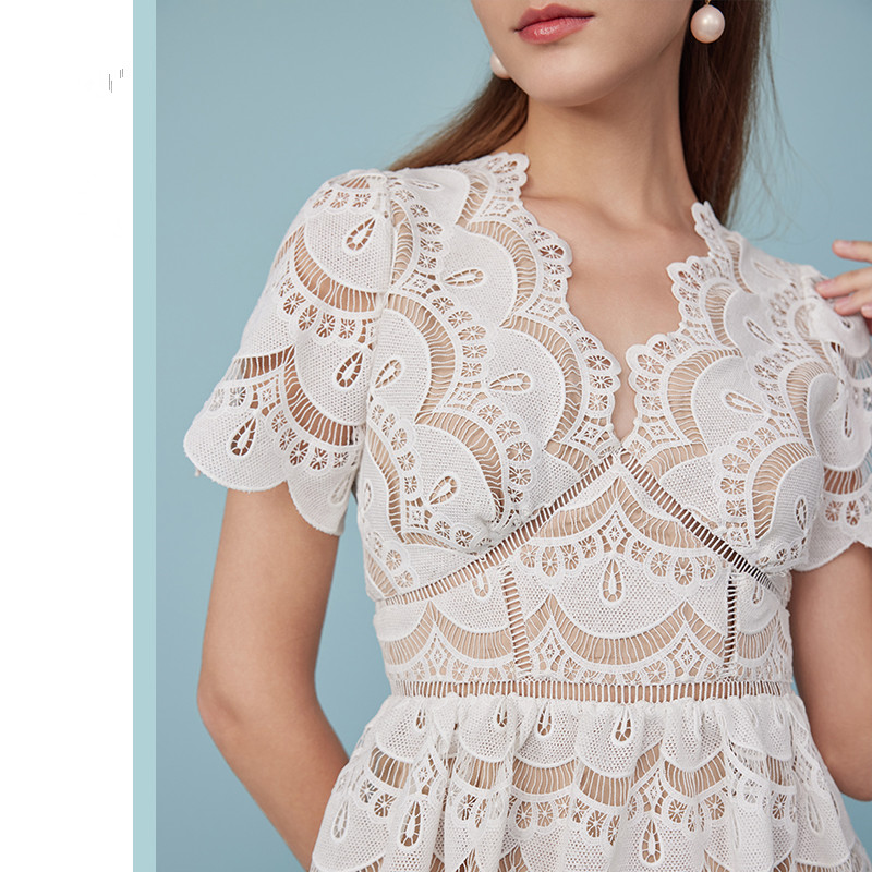 Women's Elegant White Lace Mini Skirt High Waist V-neck French Style White Water-soluble Lace Dress 6116451