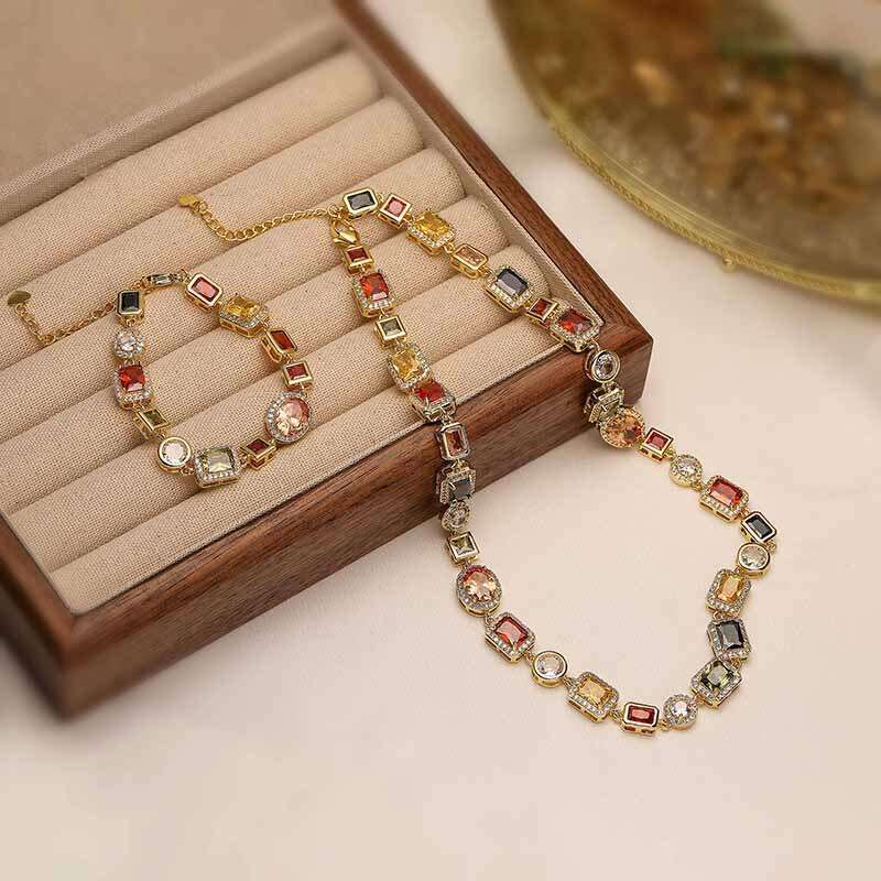 Luxury jewelry designer necklace bracelet set retro geometric inlaid with colored diamonds choker high-end palace style Gold Silver moissanite necklac