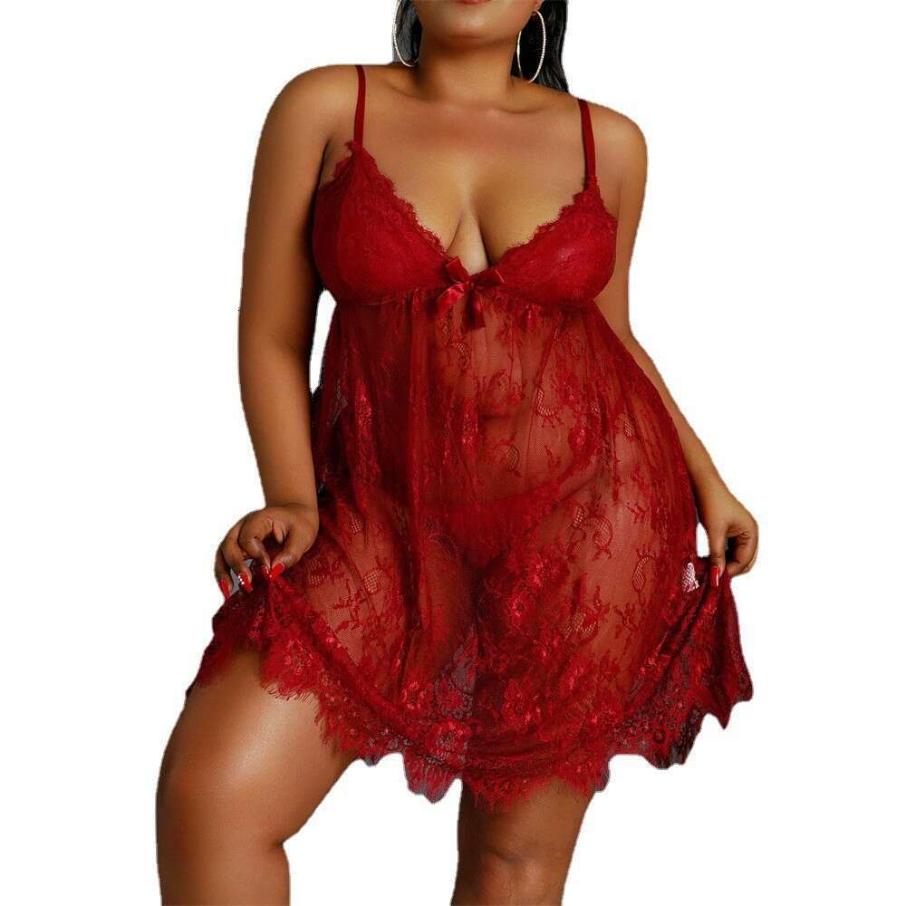 Red lace see through camisole nightgown sexy deep V size pajamas skin friendly soft private seduction home skirt