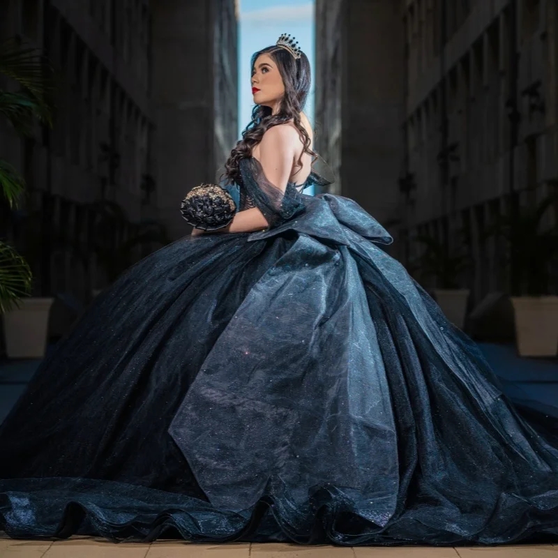 Black Shiny Quinceanera Dresses Off The Shoulder Beads Bow Tull Princess Sweet 16 Dress Birthday Party Vestidos De 15 Anos