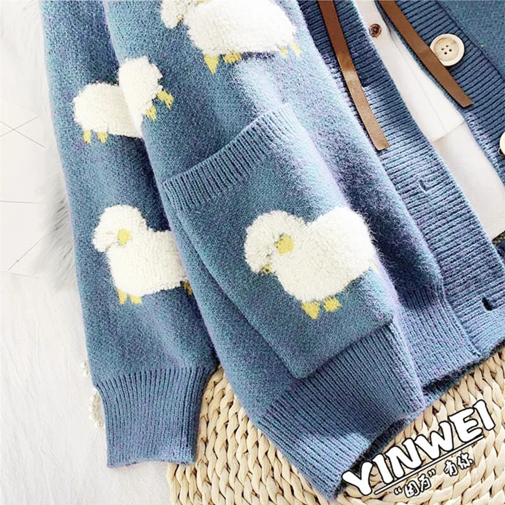 Blue Sheep Cartoon VNeck Long Sleeve Loose Knitted Sweater Womens Cardigan Thick For Women Clothing Fashion Winter 250730