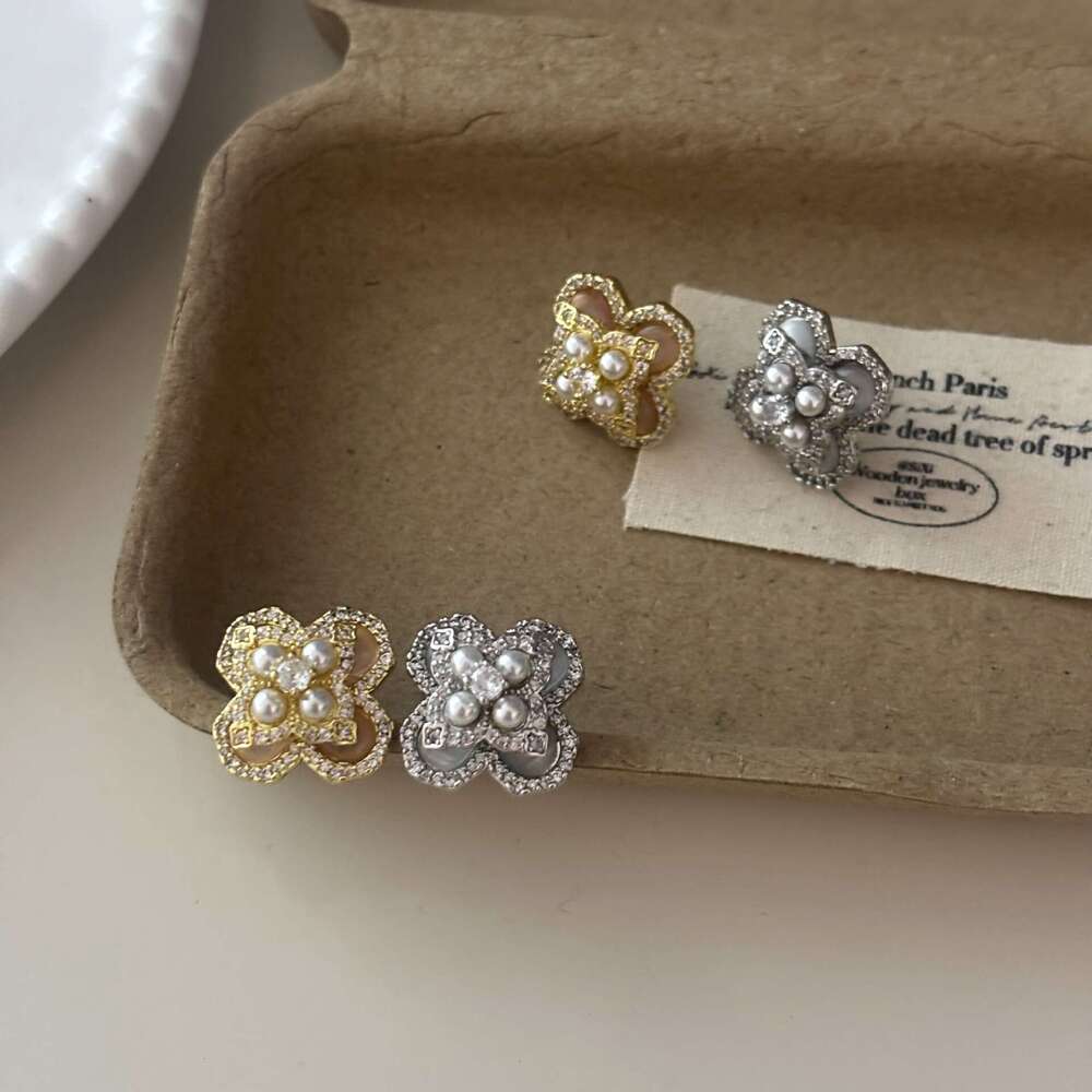 Light Versatile Mother-of-Pearl Fragmented Dia Pearl Four-Leaf Clover Flower Necklace Earrings Ring Forest Style Elegant Fashion Trendy Model 4b5