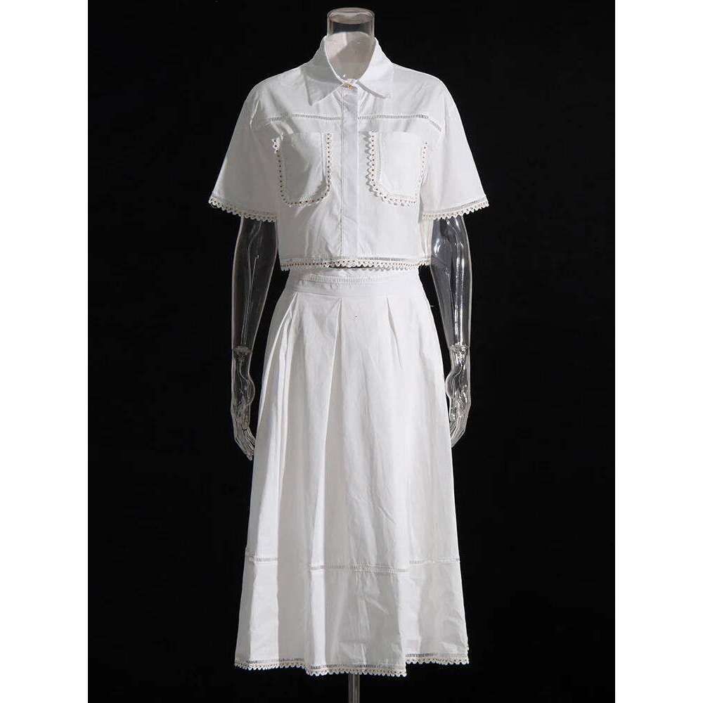 Casual Two Piece Set For Women Lapel Short Sleeve Top High Waist A Line Skirt Minimalist Sets Female Fashion New