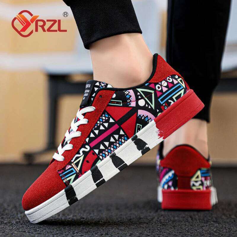 YRZL Men's Sports Running Canvas Geometric Style Lace-Up Sneakers Couples' Fashionable Graffiti Print Skate Shoes Men