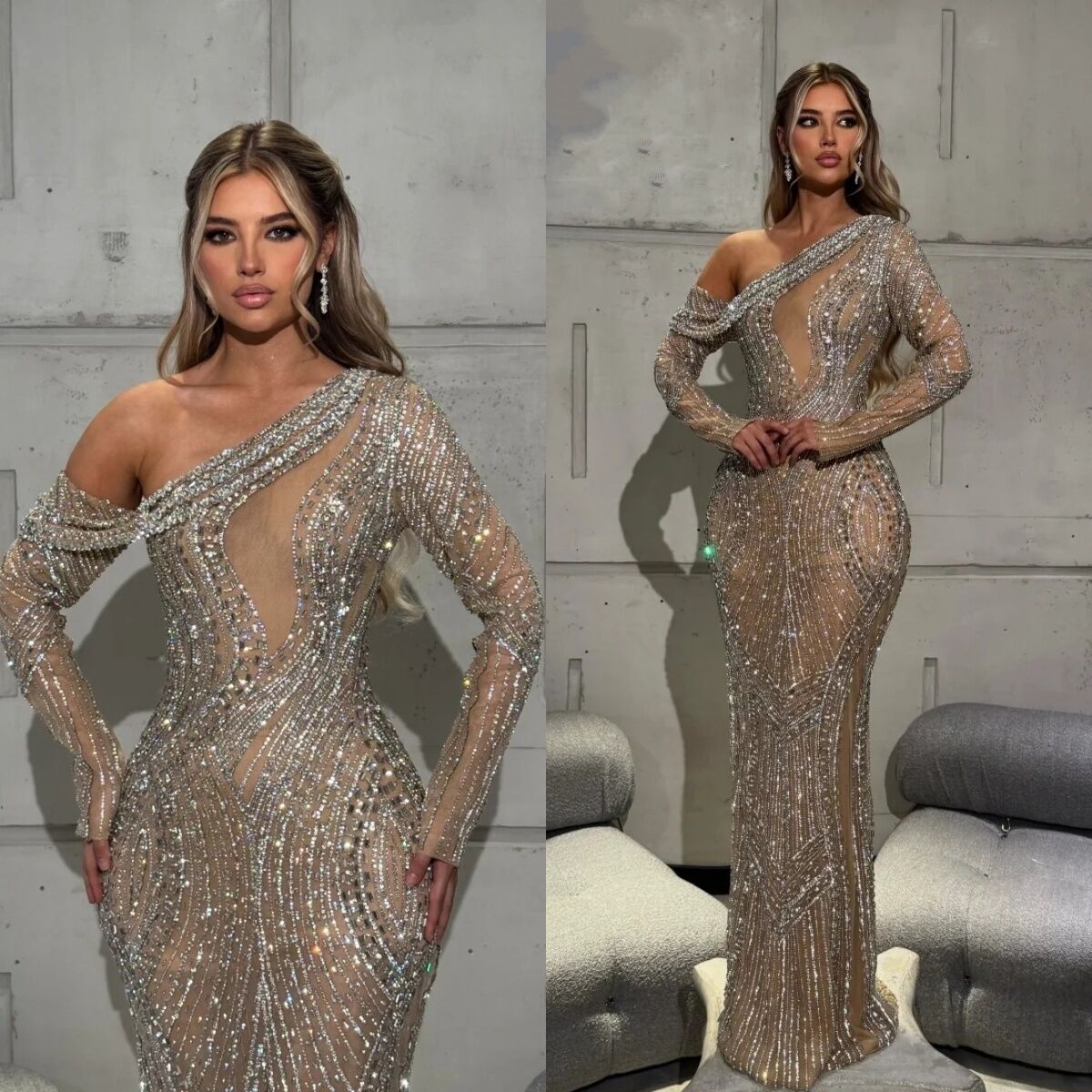 Sparkly One Shoulder Sequined Evening Dresses Customized Sexy Crystal Long Sleeve Prom Dress Glitter Floor Length Party Gown