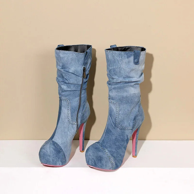 Ochanmeb Sexy Super High Stiletto Heel Pleated Boots Women Blue Denim Round Toe Zipper Jean Boot Ladies Winter Shoes Big Size 43 250729