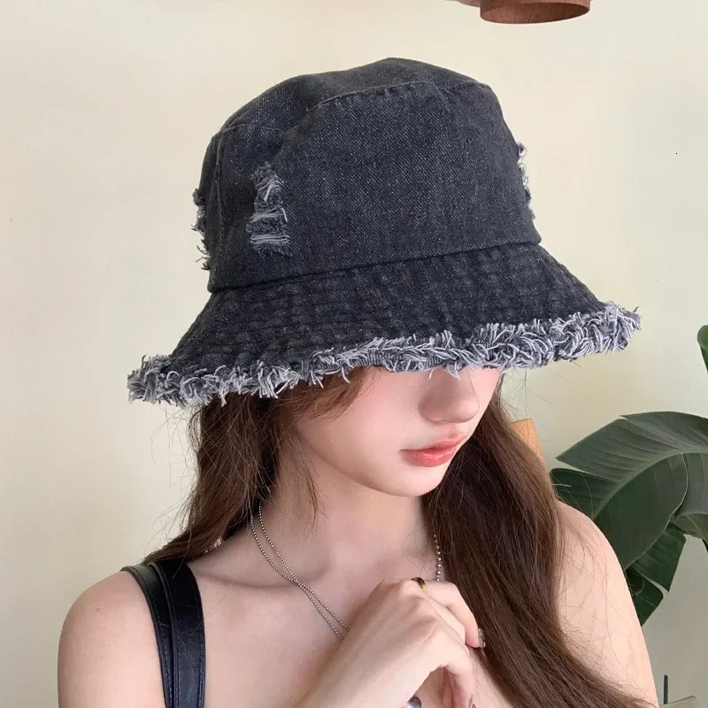 Fashion Sunscreen Hat Solid Color Fur Denim Fisherman Hat Denim Style Men Women Bucket Hat Fringed Edge Summer Vintage Bob Hat 250724