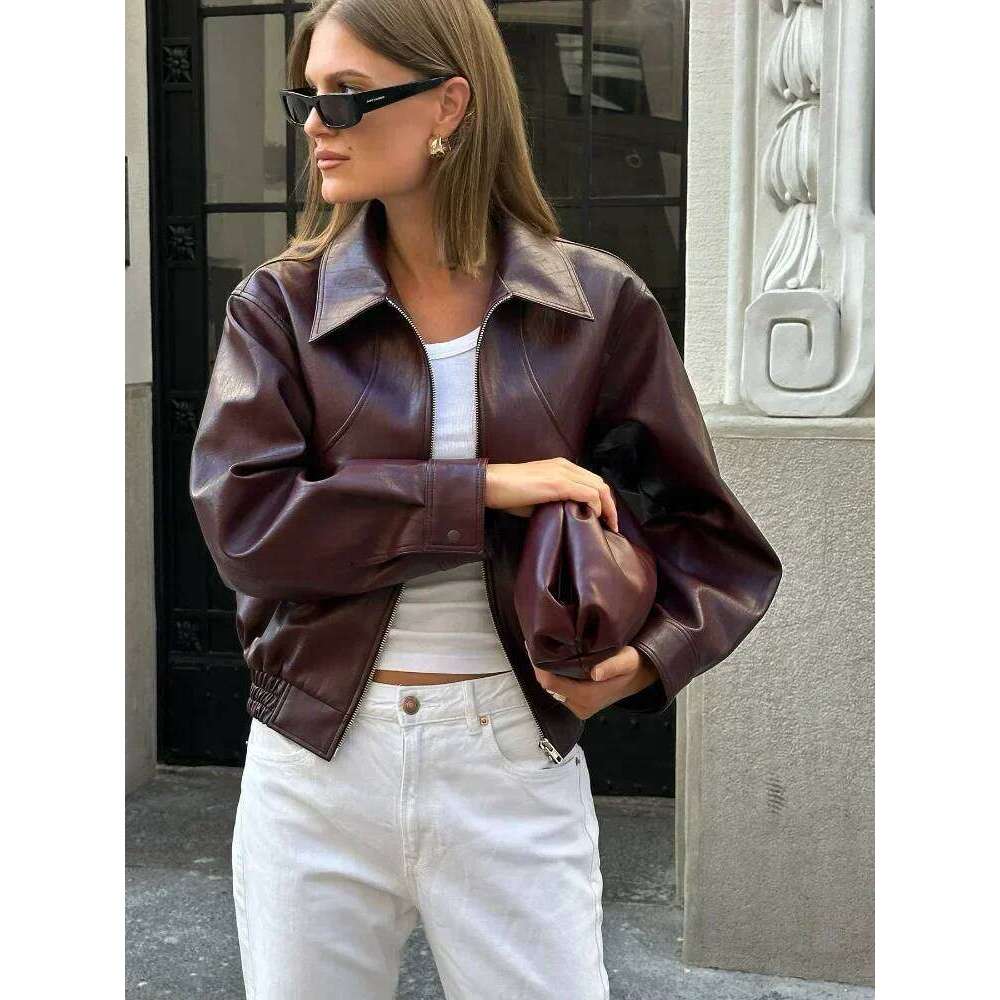 Designer Clothing Vintage Wine Red Loose Short Leather Jacket Women Fashion Lapel Long Sleeves Zipper Cropped Coat 2025 Autumn Lady Street Outwear Fas