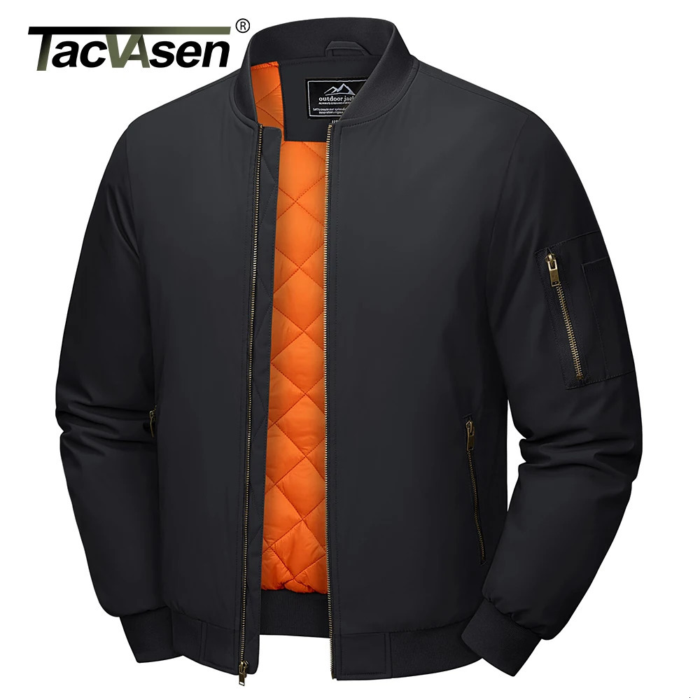 TACVASEN Mens Classic Bomber Jacket Autumn Thick Warm Orange Lining Full Zip Up Windproof Casual Padded Flight Pilot Jackets 250730