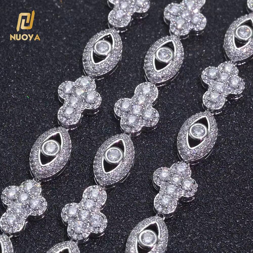 NUOYA 10mm 925 Silver VVS Moissanite Eye Cross Necklace Gold Plated Cuban Chain Mens Hip Hop Jewelry Gift