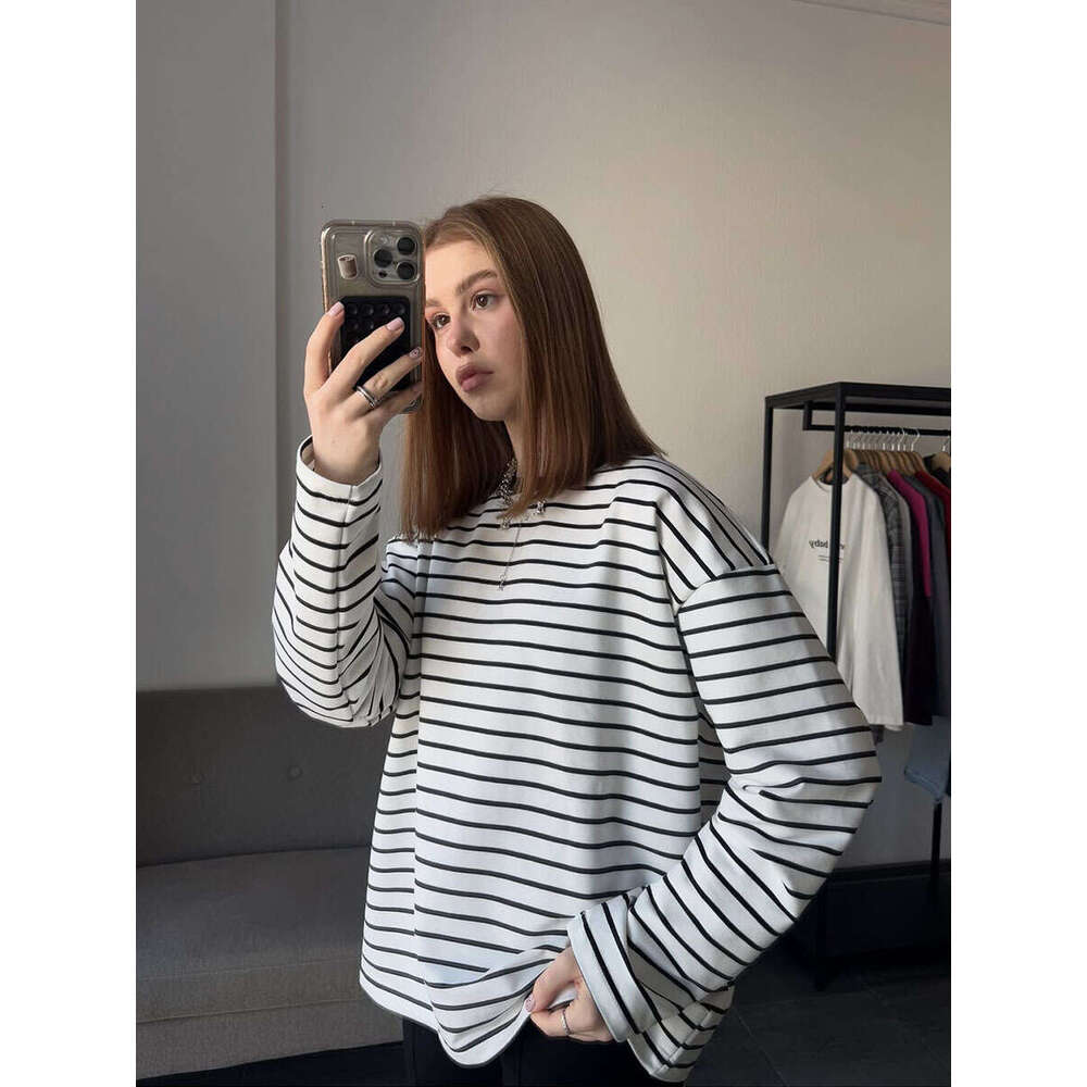 Spring Summer New Striped T-Shirt For Women Simple Casual Loose Slim Pullover Long Sleeve Top B5