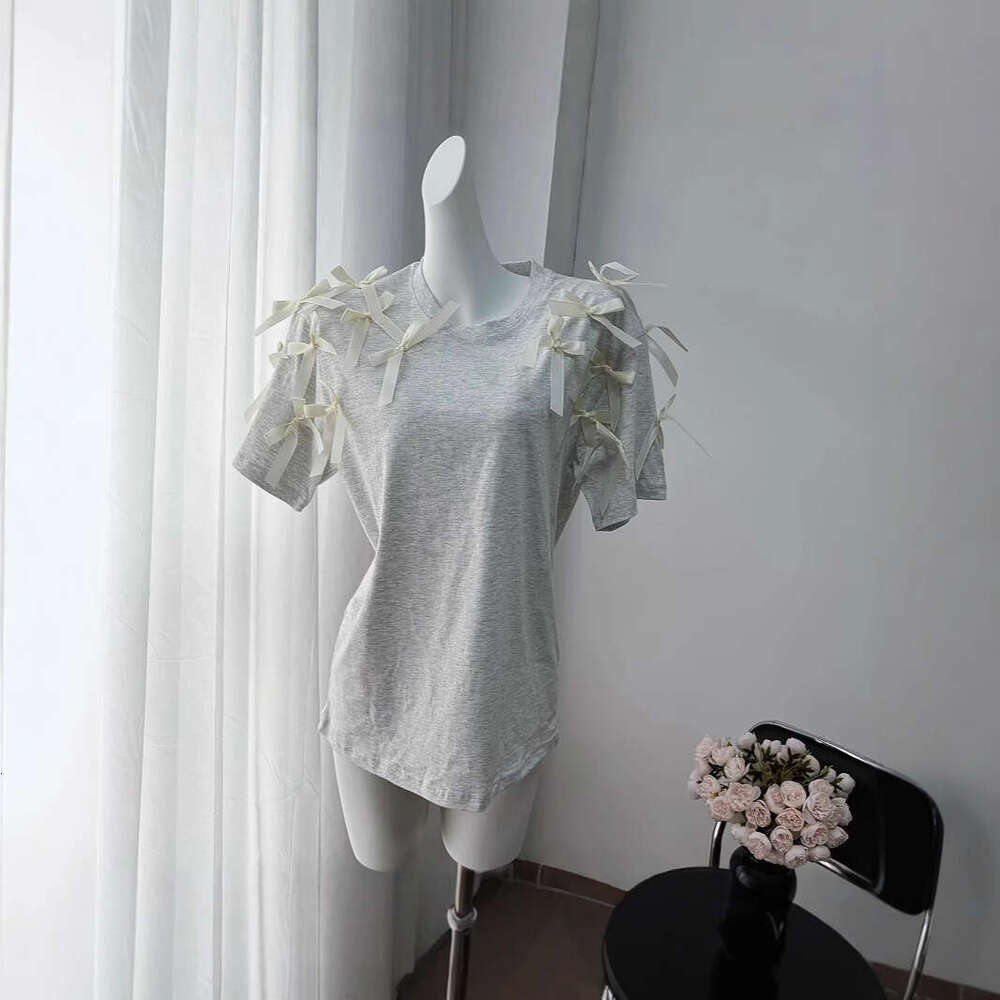Cute Girl Ribbon Bow Short Sleeve T-Shirt Ins Style Loose Cotton Casual Top B5