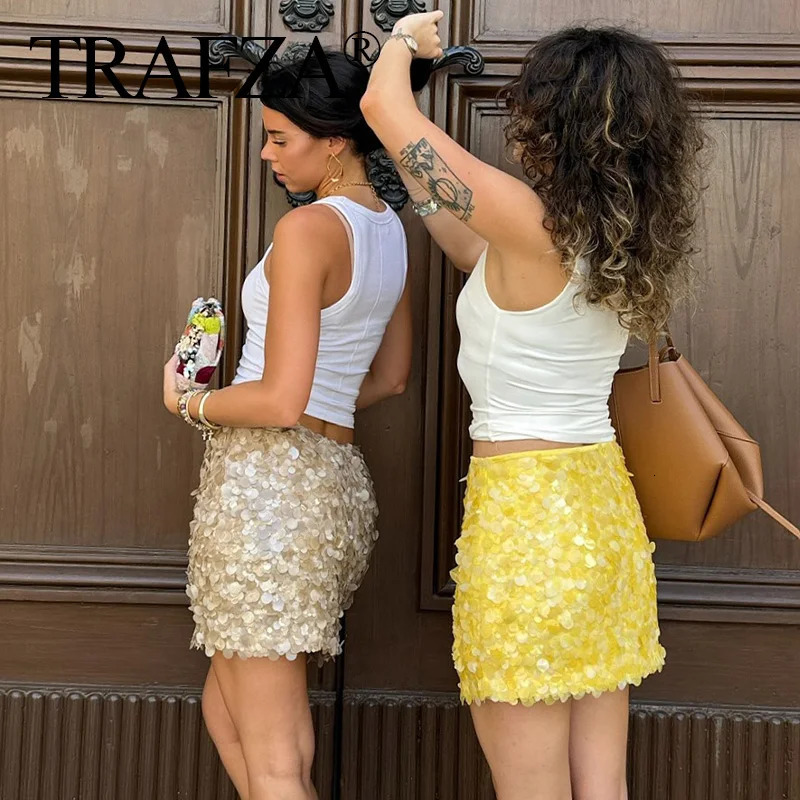 TRAFZA Women Fashion Solid Sequins Mini Skirt Slim Casual High Waist Side Zipper Skirts Mujer Summer Sweet Style 250730