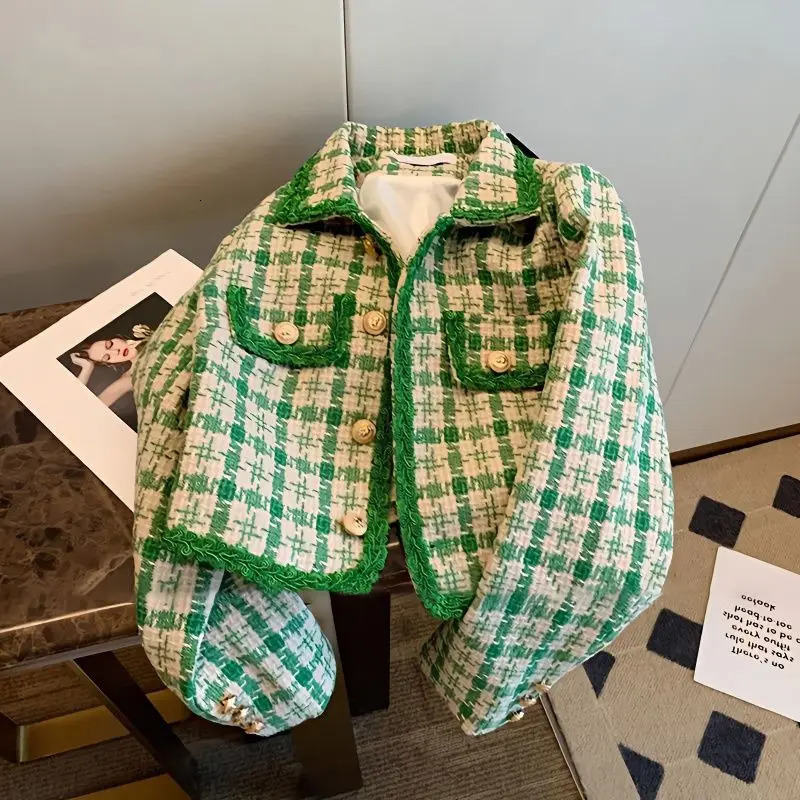 Korean Tweed Jacket Vintage Green Outerwear Spring Autumn Women Coat Cropped Long Sleeve Button Turndown Collar Suit 250730