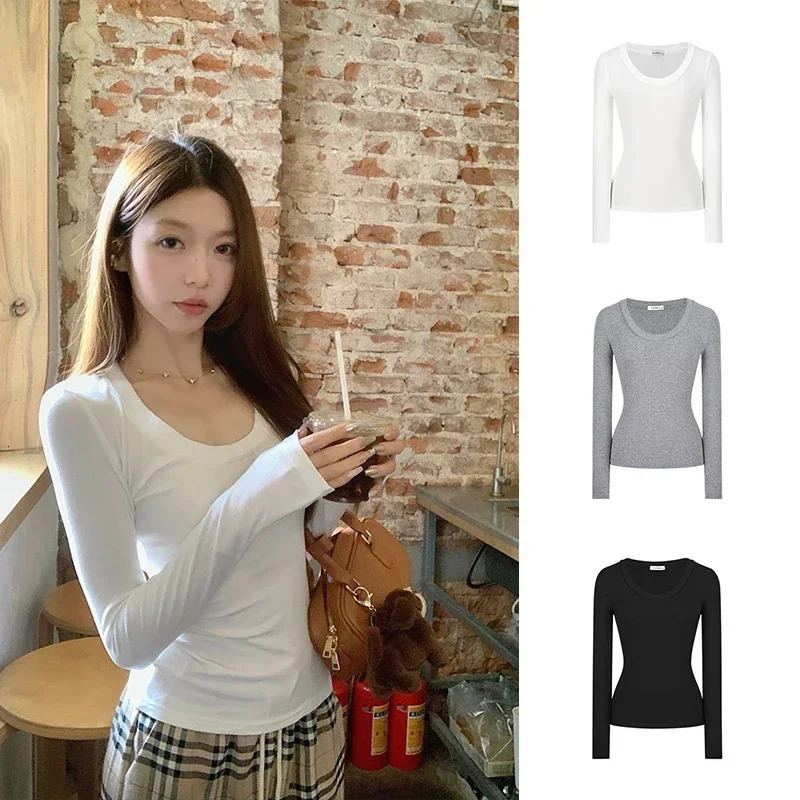 Womens Long Sleeved TShirt Spring And Autumn Solid Color Slim Fit Pullover Basic Y2K Clothing Street Wear 250729