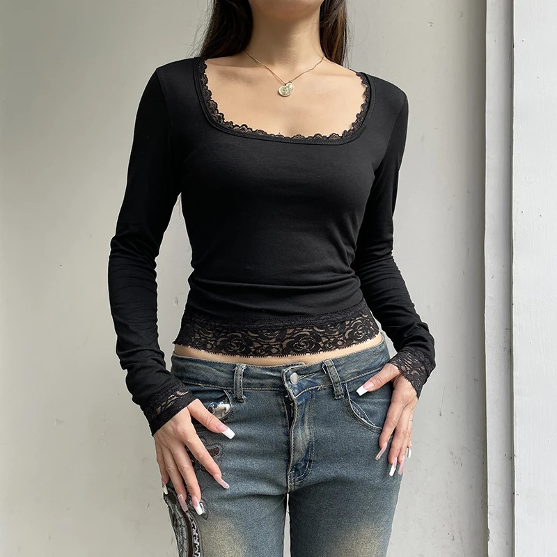 Sexy Black Tshirt Women Autumn Lace Tees Fashion Streetwear Oneck Casual Slim Long Sleeves Female Versatile Top 250729