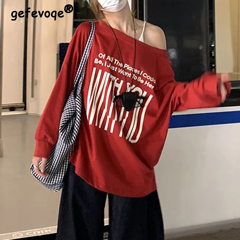 Women Clothing Trendy Sexy Off Shoulder Letter Print Basic T-shirt Y2K Harajuku Oversized Streetwear Tees Long Sleeve Tunic Tops 250725