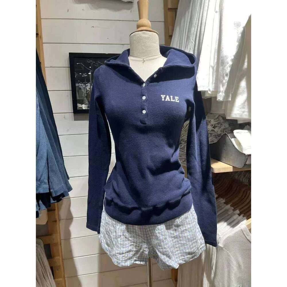 Letter Print Waffle Hooded T-shirt Women Spring New Buttons Long Sleeve Slim Tee Shirts Vintage Chic Preppy Style Tops Y2k