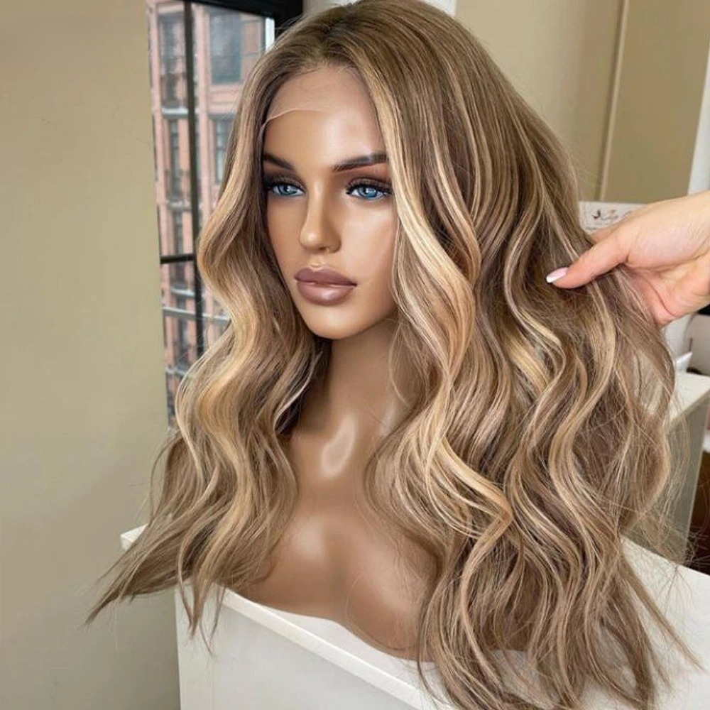 13x4 Highlight Brown Ash Blonde Colored Wigs Body Wave Lace Front Wig for Women Synthetic Brazilian Human Hair HD Preplucked Hairline
