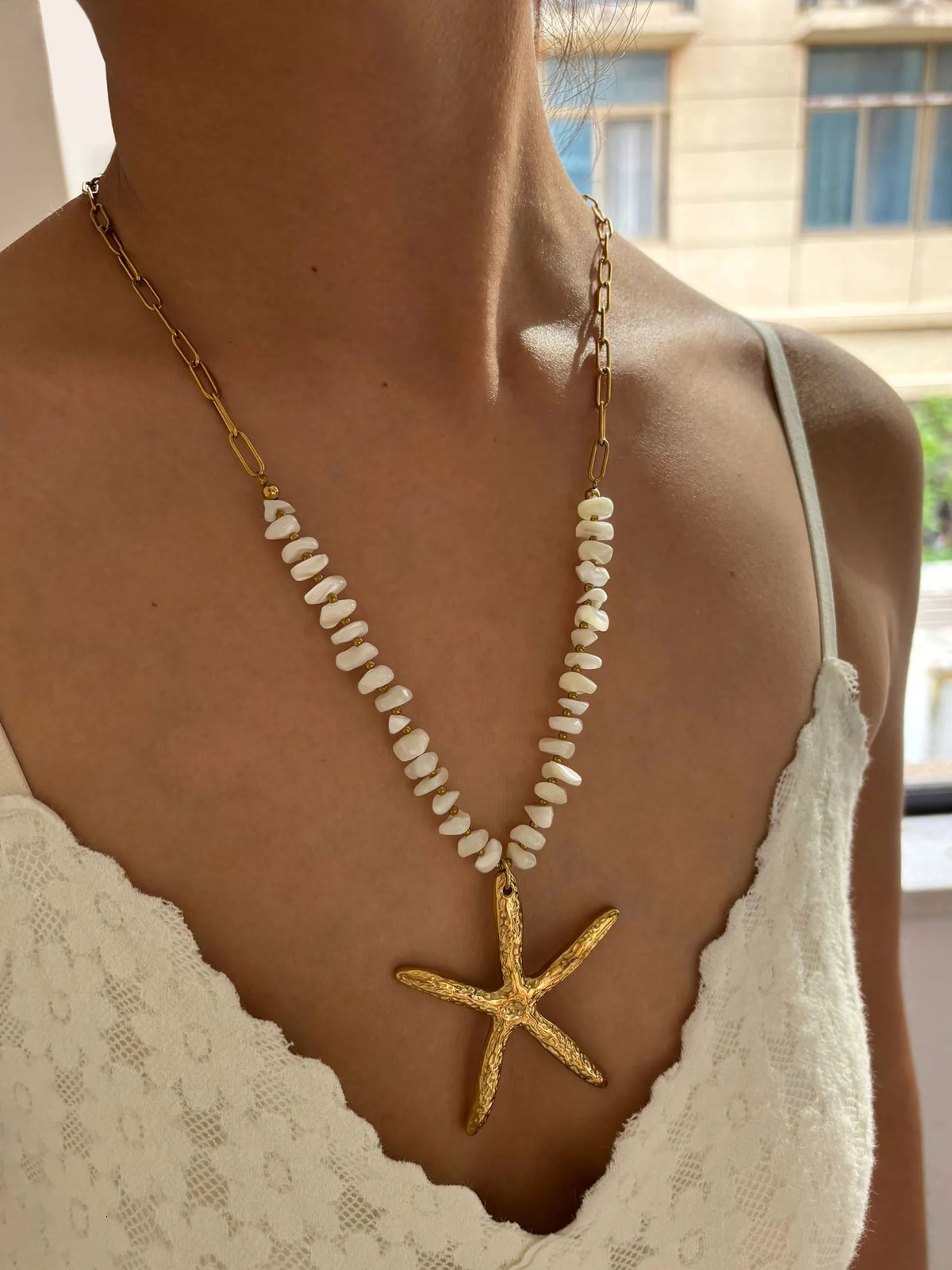 GHIDBK Statement Exaggerated Ocean Style Big Starfish Natural Shell Pendant Necklace for Women Stainless Steel Beach Jewelry 250729
