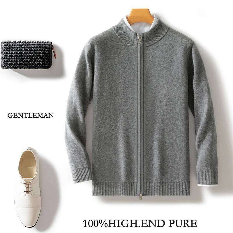 Men's 100% Merino Wool Warm Sweater Mock Collar Thickened Zippered Cardigan Autumn Winter New Cashmere Knitted Long Sleeve Tops MDNG