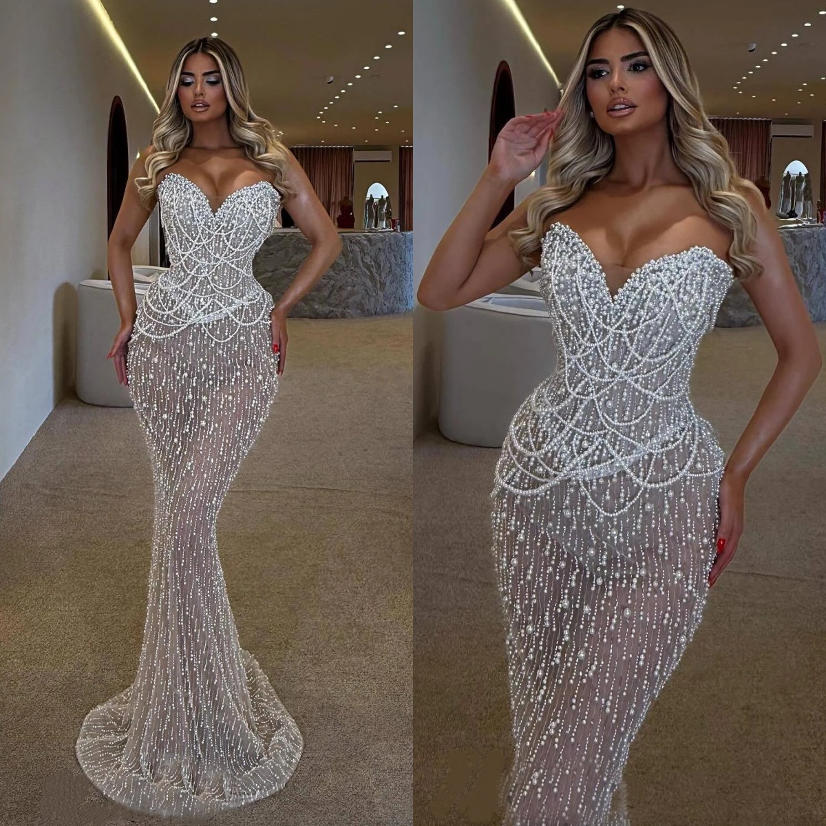 Gorgeous Evening Dresses Pearls Beading Prom Dress See Through Strapless Mermaid Illusion Sleeveless Party Gowns Sweep Train Vestidos De Noche Plus Si