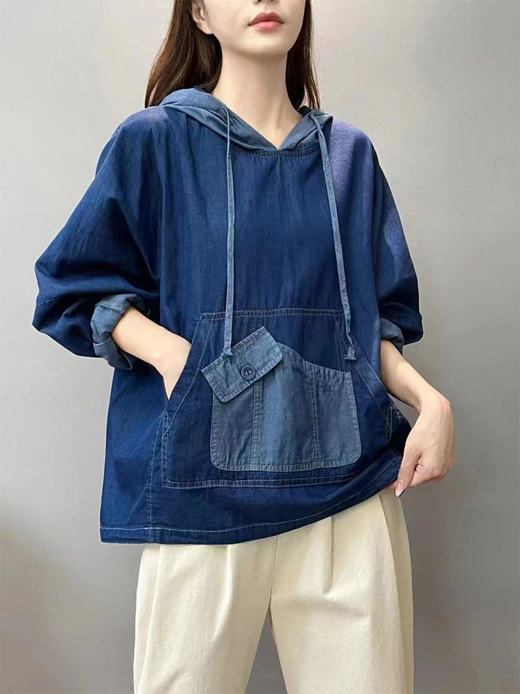 AmaxluluE Spring Fashion Denim Hoodies Women Vintage Hooded Classic Loose Sweatshirts Ladies Harajuku Casual Korean Clothes 250730