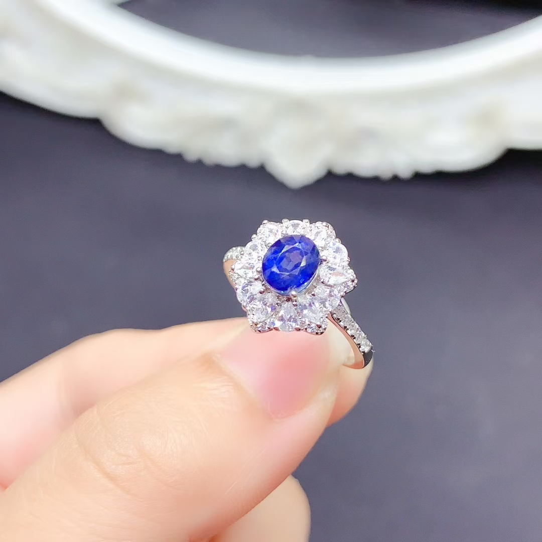 Royal blue genuine natural sapphire ring for wedding 5mm*6mm natural sapphire 925 silver ring with 18K gold plating