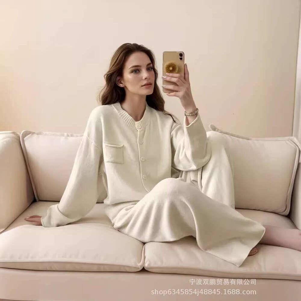 Autumn Winter New Loose Knitted Suit For Women Round Neck Cardigan Sweater + Wide Leg Pants B5