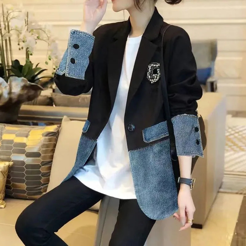 Autumn Fashion Korean Version Loose Women Denim Jacket Splicing Suit Ladies Outerwear Elegant Female Jeans Coat 250730