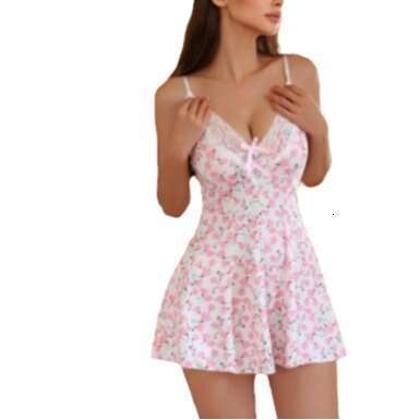 Pink flower lace patchwork camisole nightgown sexy deep V sweet sleepwear skin friendly Modal home temptation short skirt