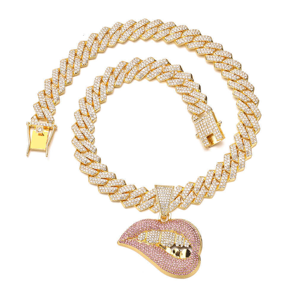 Hot Selling Full Dia Multi-color Lip-biting Pendant Hip-hop Exaggerated Personality Creative Cuban Chain Necklace