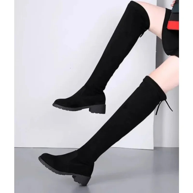 Women Boots Winter Black Over The Knee Boots Comfort Lace Up Chunky High Heels Shoes Fashion Warm Suede Round Toe Boots 250729