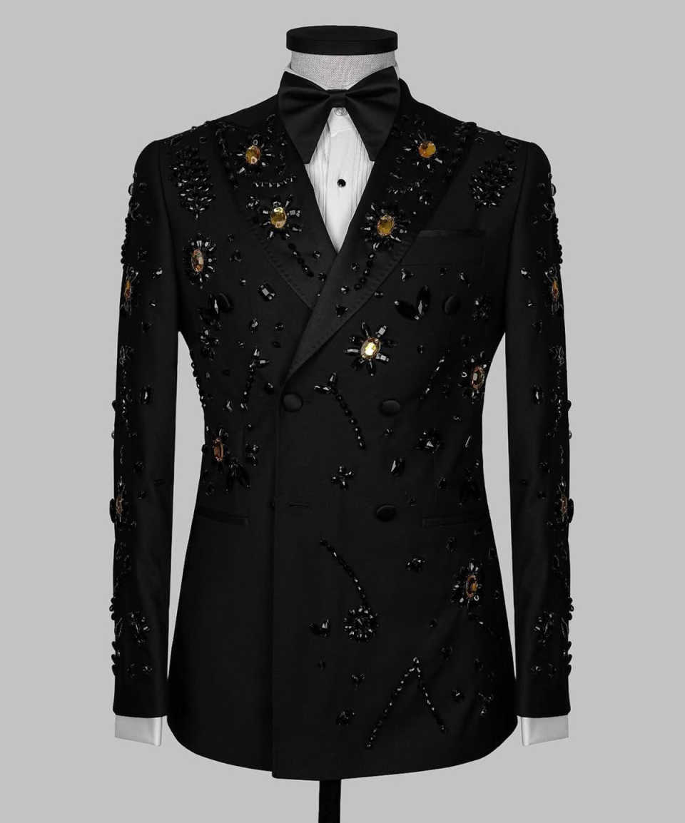 Luxury Jewelry Mens Tuxedos Peaked Lapel Beading 2 Pieces Groom Dinner Party Male Prom Blazers Customized Coustome Homme