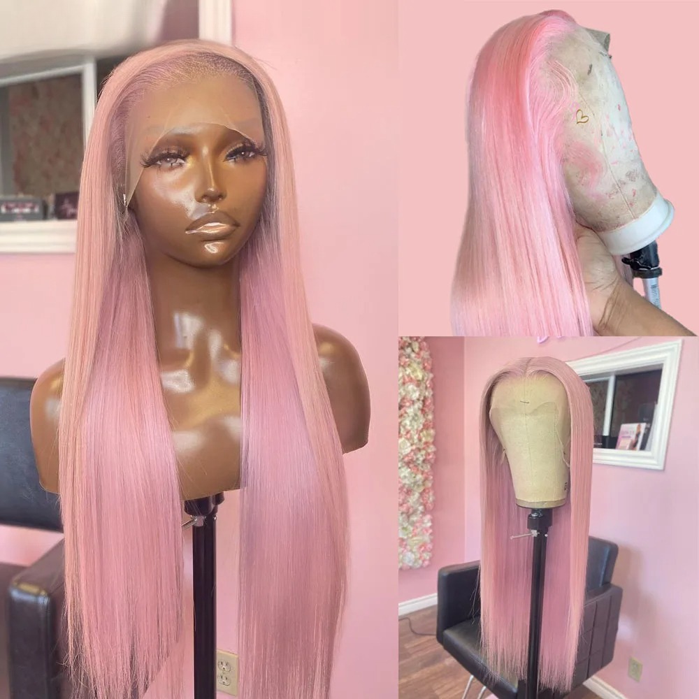 13x4 Light Pink Straight Lace Frontal Wig 30 40 Inch HD Transparent Lace Front Wig Preplucked Hairline Brazilian Pink Human Hair Synthetic For Women