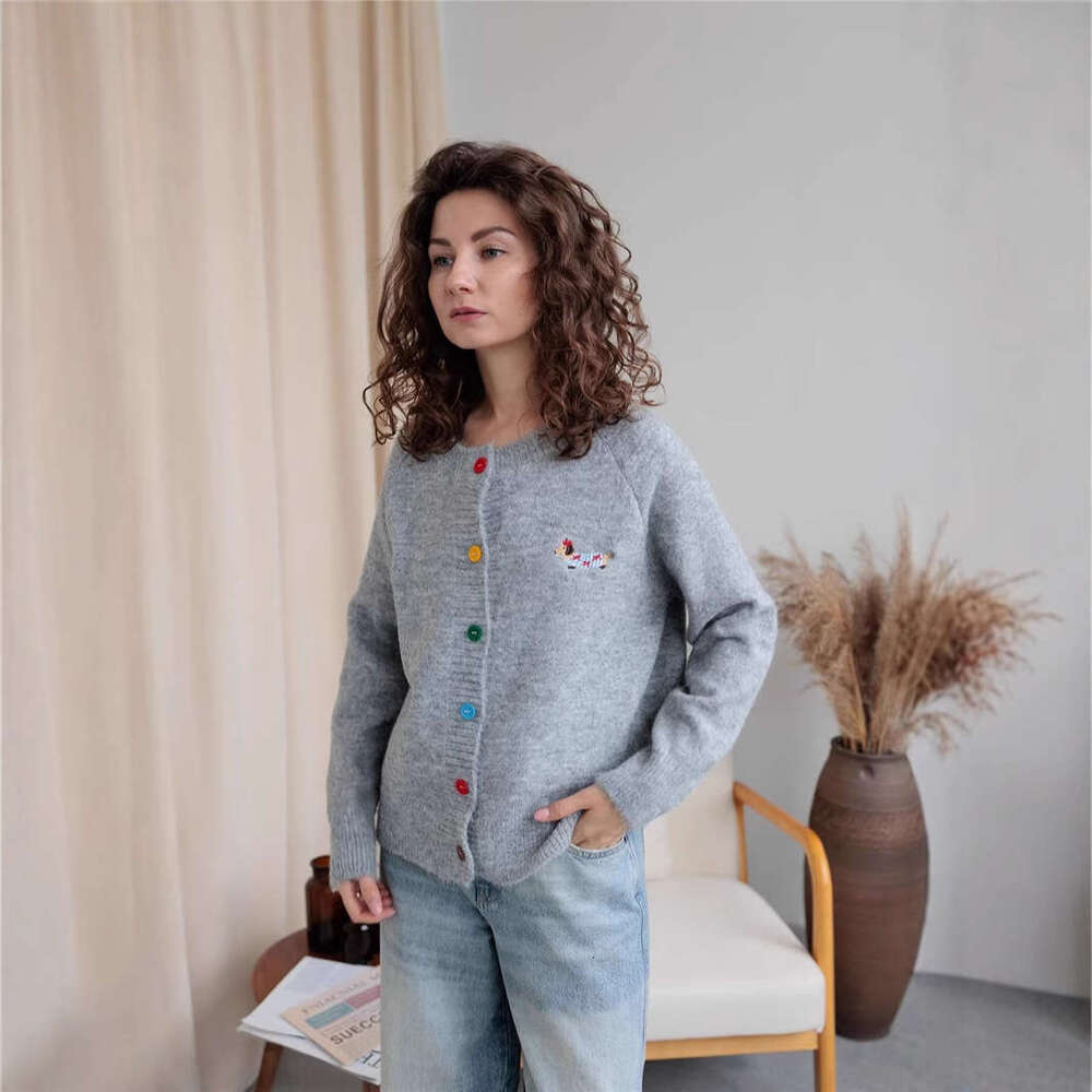 Round Neck Colorful Button Puppy Embroidery Long Sleeve Sweater Cardigan For Women Autumn Korean Style Versatile Top B5 h6
