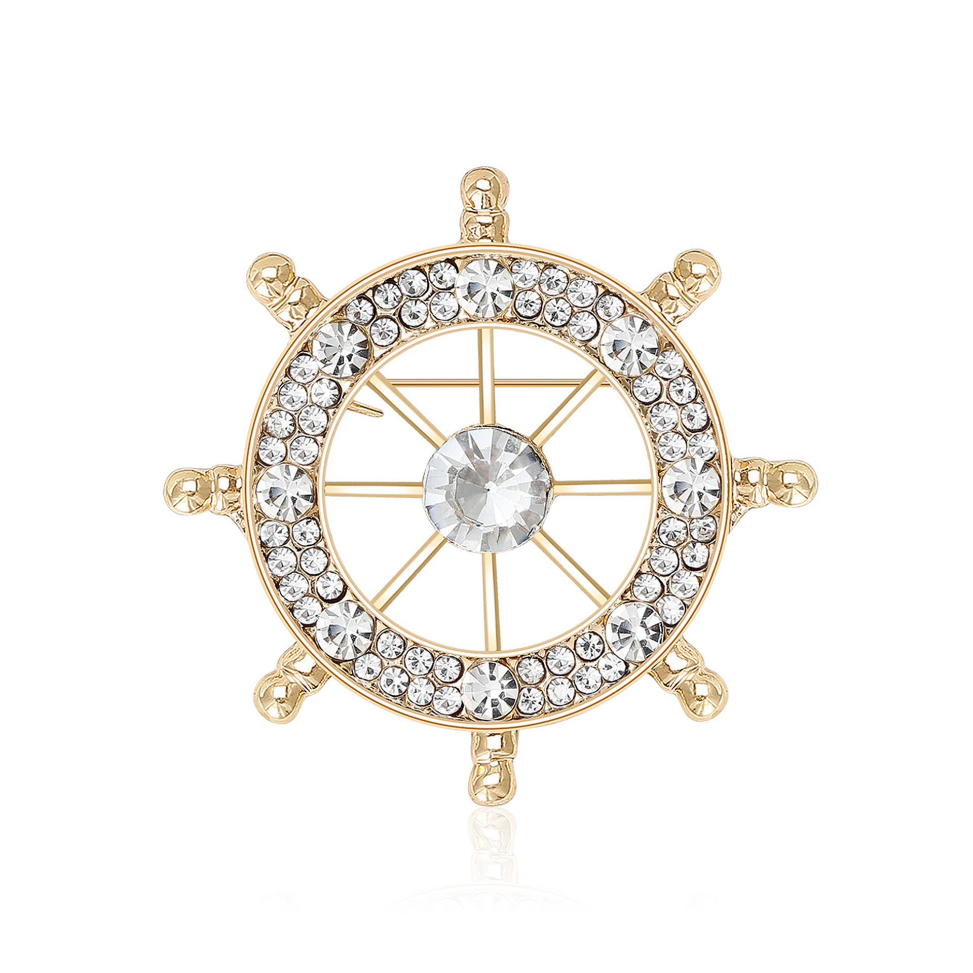 Gold Tone Rhinestone - Encrusted Ship Wheel Brooch Nautical Style Jewelry And Gift For Him/Her High Quality And Stylish Jewelry