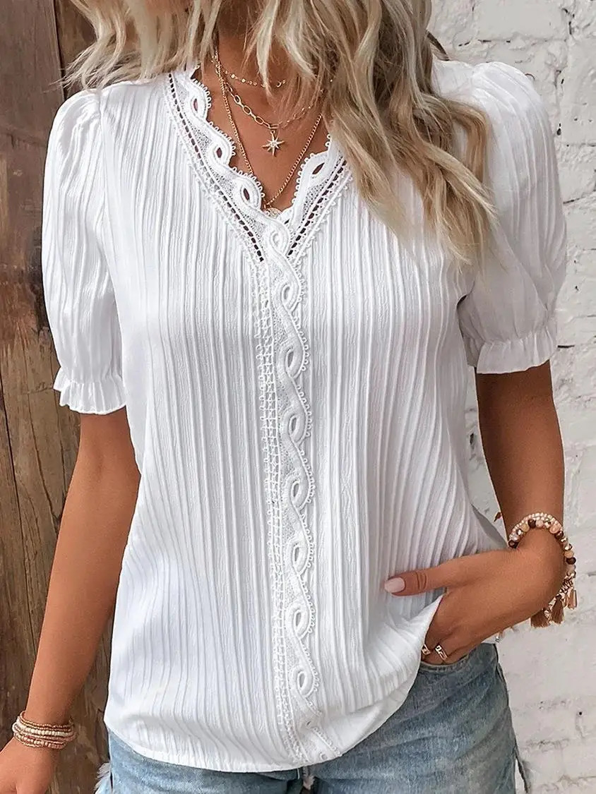Elegant Women Blouse Shirt V Neck Lace Patchwork Short Sleeve Shirts For Summer Lady Tops White 250729