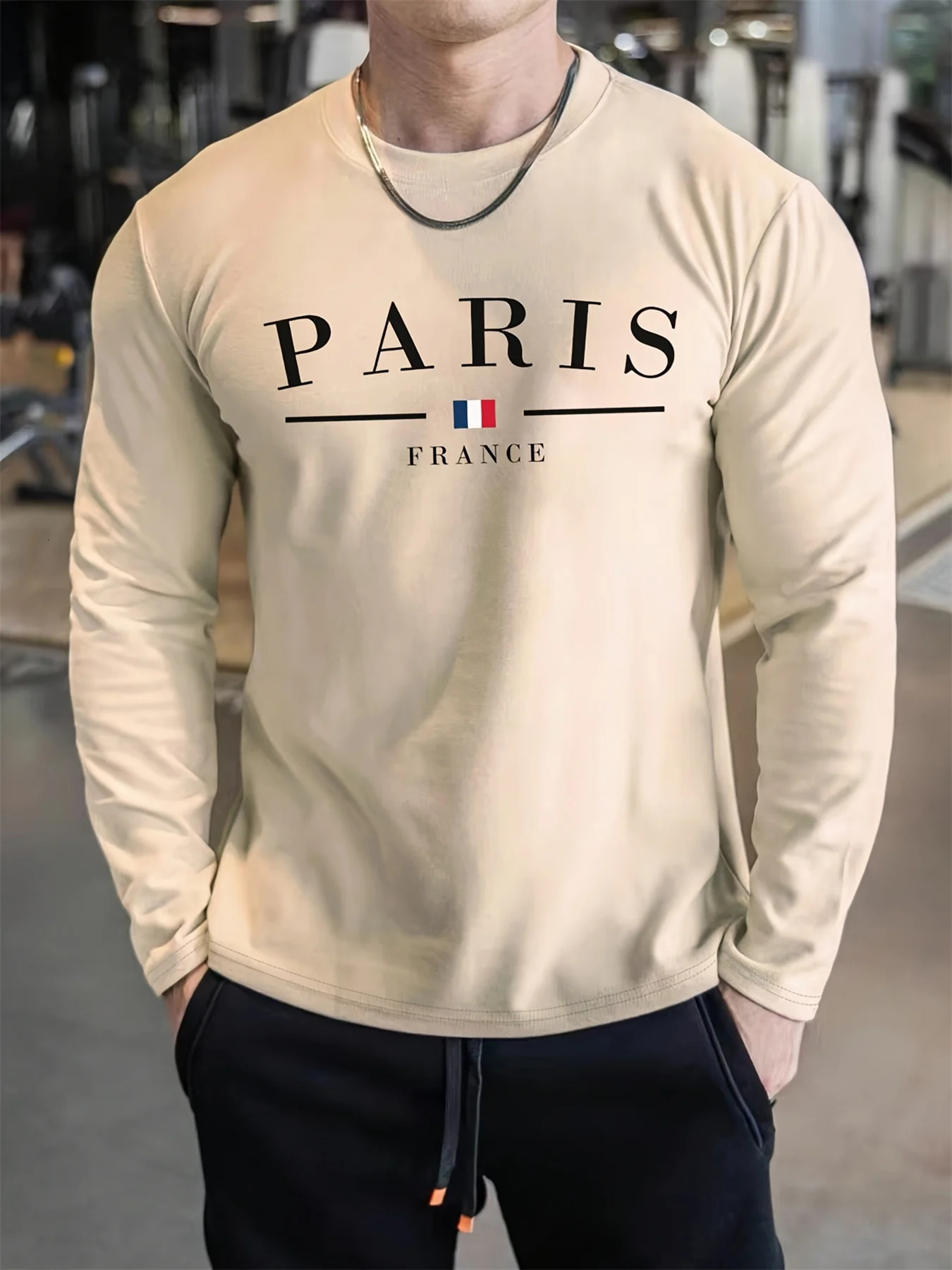 Mens 100% pure cotton comfortable casual loose oversized Paris France pattern printed round neck long sleeve Tshirt top 250729
