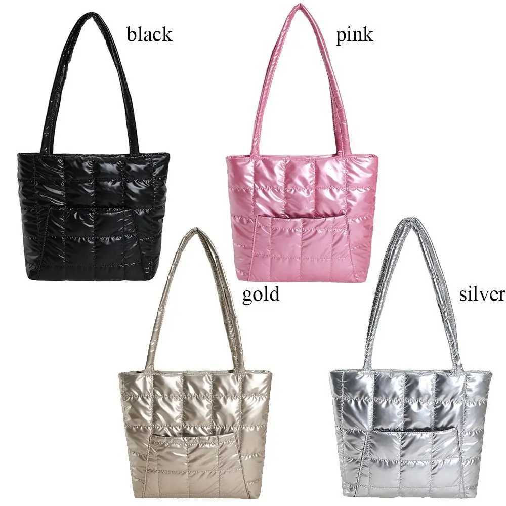 Girls Shopping Bags Underarm Bags Wen Large Capacity Shoulder Bag Quilted Handbags Casual Down Cotton Padded Tote Bags Y250730