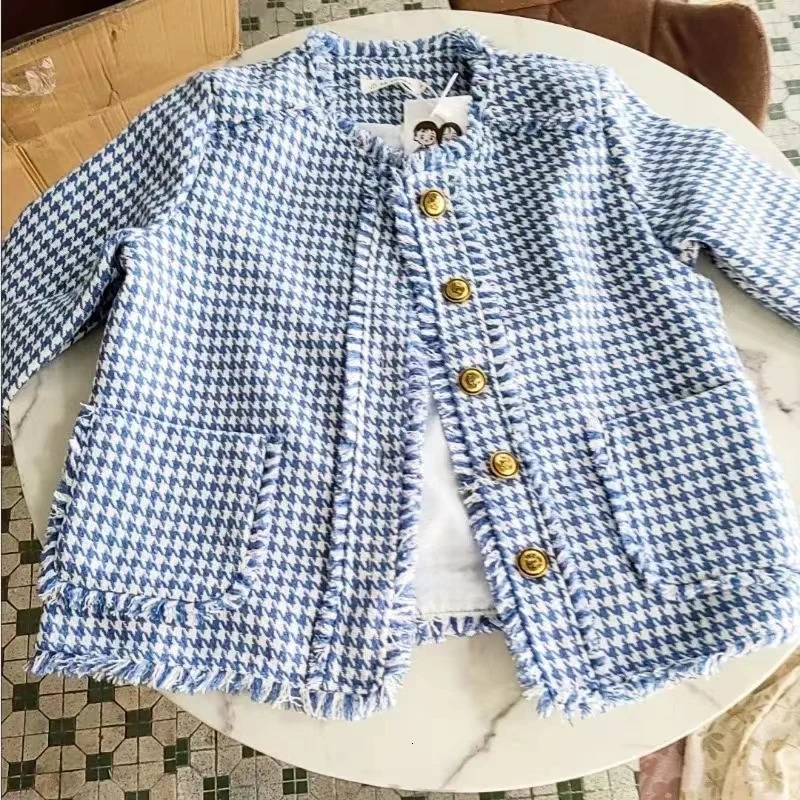 Vintage Tweed Jacket Women Korean Chic Coat Cropped Tops Plaid Single Breasted Long Sleeve Spring Autumn Clothing 250730