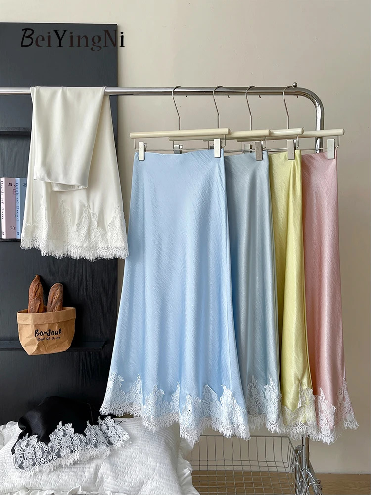 Beiyingni French Elegant Satin Mermaid Skirt Women Spring Summer Lace Patchwork Pack Hip Long Aline Skirts Office Ladies Faldas 250730