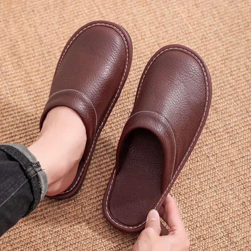 Home Leather Slippers Men and Women Spring Non-slip Waterproof Floor Shoes Anti-odor Soft Sole males Indoor Slides 250725