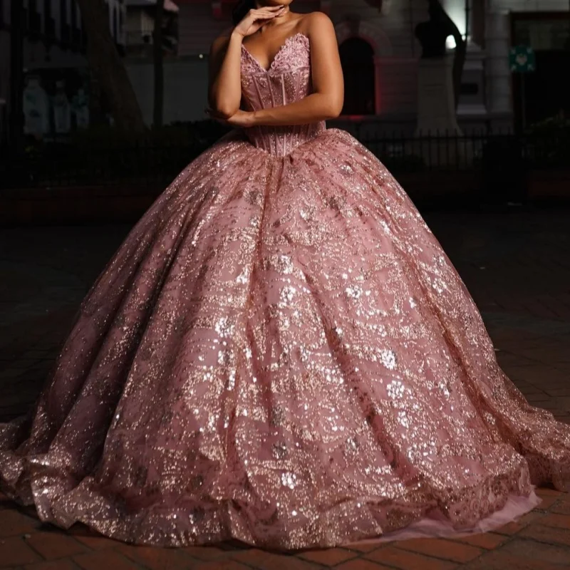 Pink Shiny Princess Ball Gown Quinceanera Dresses Sequin Lace Appliques Beads Tull Corset Sweet 16 Dress Vestidos De 15 Anos