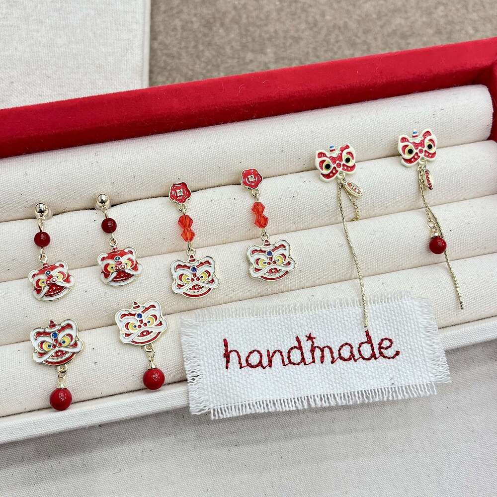 Chinese Style Red Lion Dance Personality Design Sense Elegant High-end New Year Festive Stud Earrings Jewelry 759